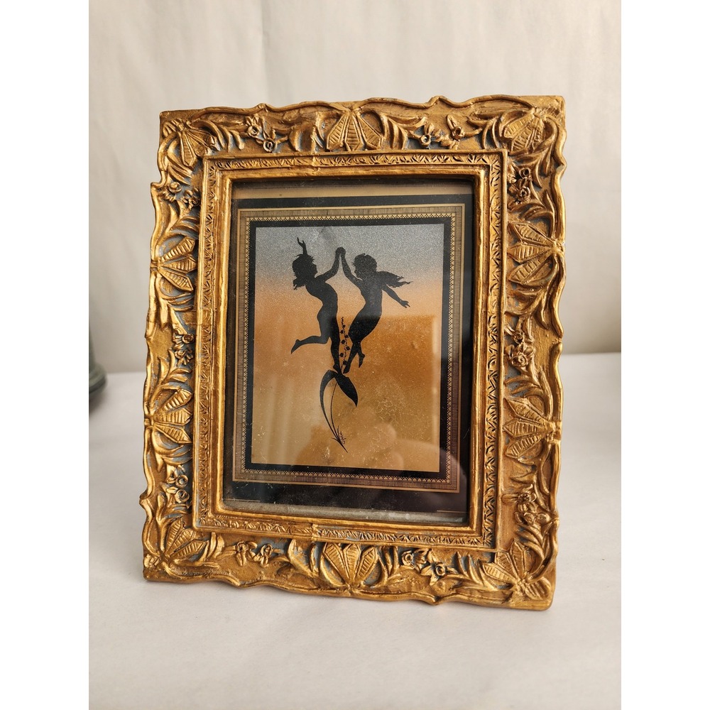 Vintage Fairy Silhouette Reverse Glass Art Ornate Gold Rococo Frame 5x7